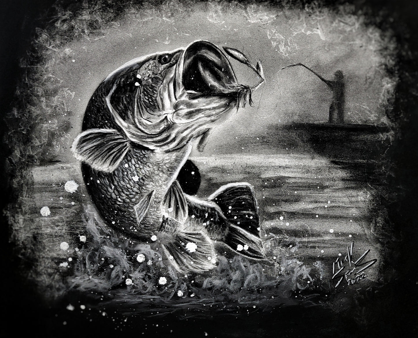 Bass Fishing Art Print: Charcoal Drawing, Angler on Lake