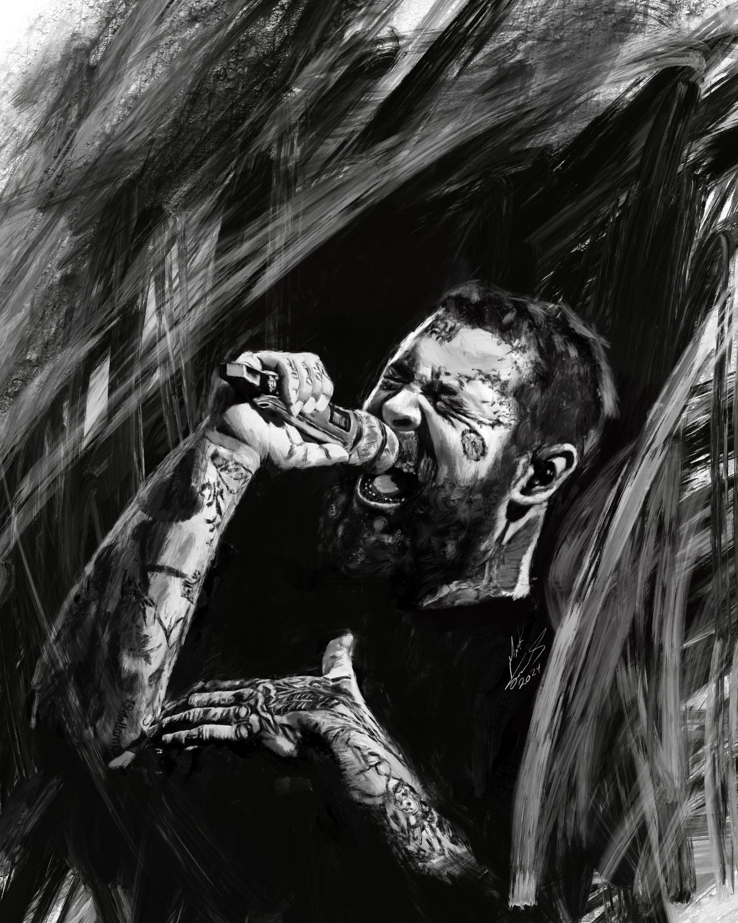 Post Malone drawn with acrylic and Charcoal. Custom hand drawing art