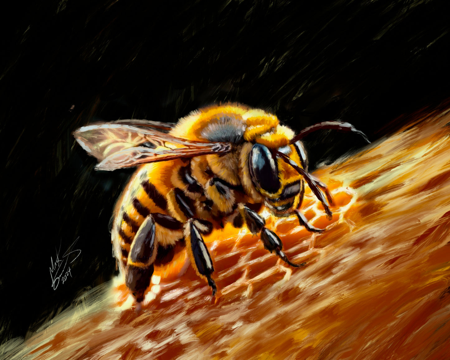 Beeuty wildlife drawing. Honey bee in acrylic.