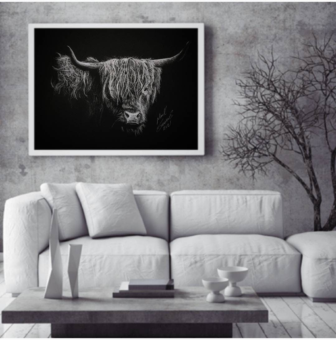 Highland Cow Charcoal Portrait