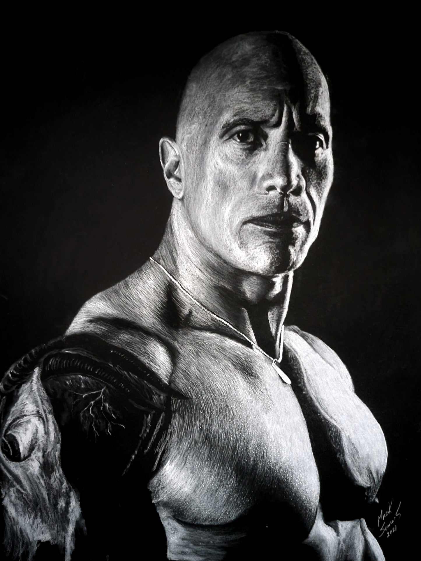 ROCK white charcoal on black paper