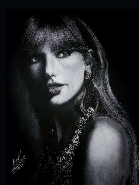 Taylor Swift in White charcoal on black paper.