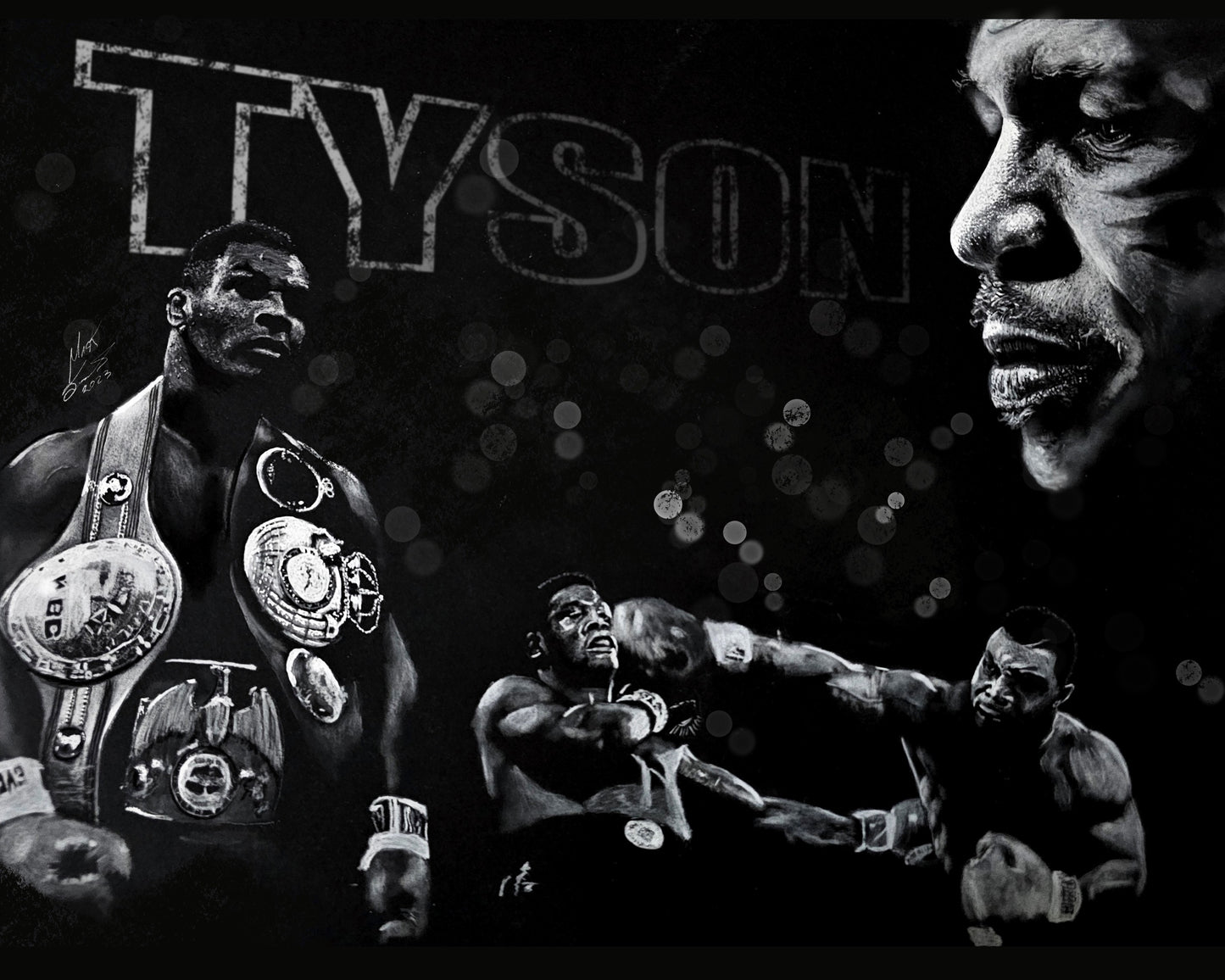 MIKE TYSON White charcoal on black paper