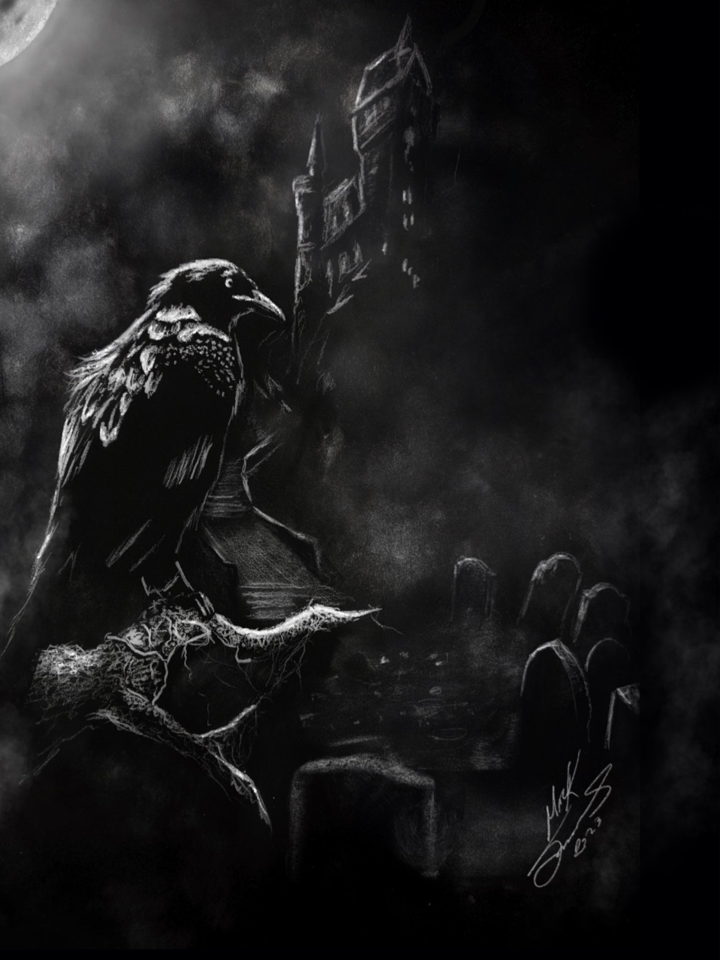 Raven Art Print: White Charcoal Drawing on Black Paper