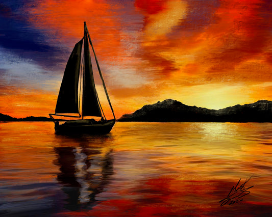 Sailboat Sunset: Acrylic Painting on Canvas, Ready to Hang