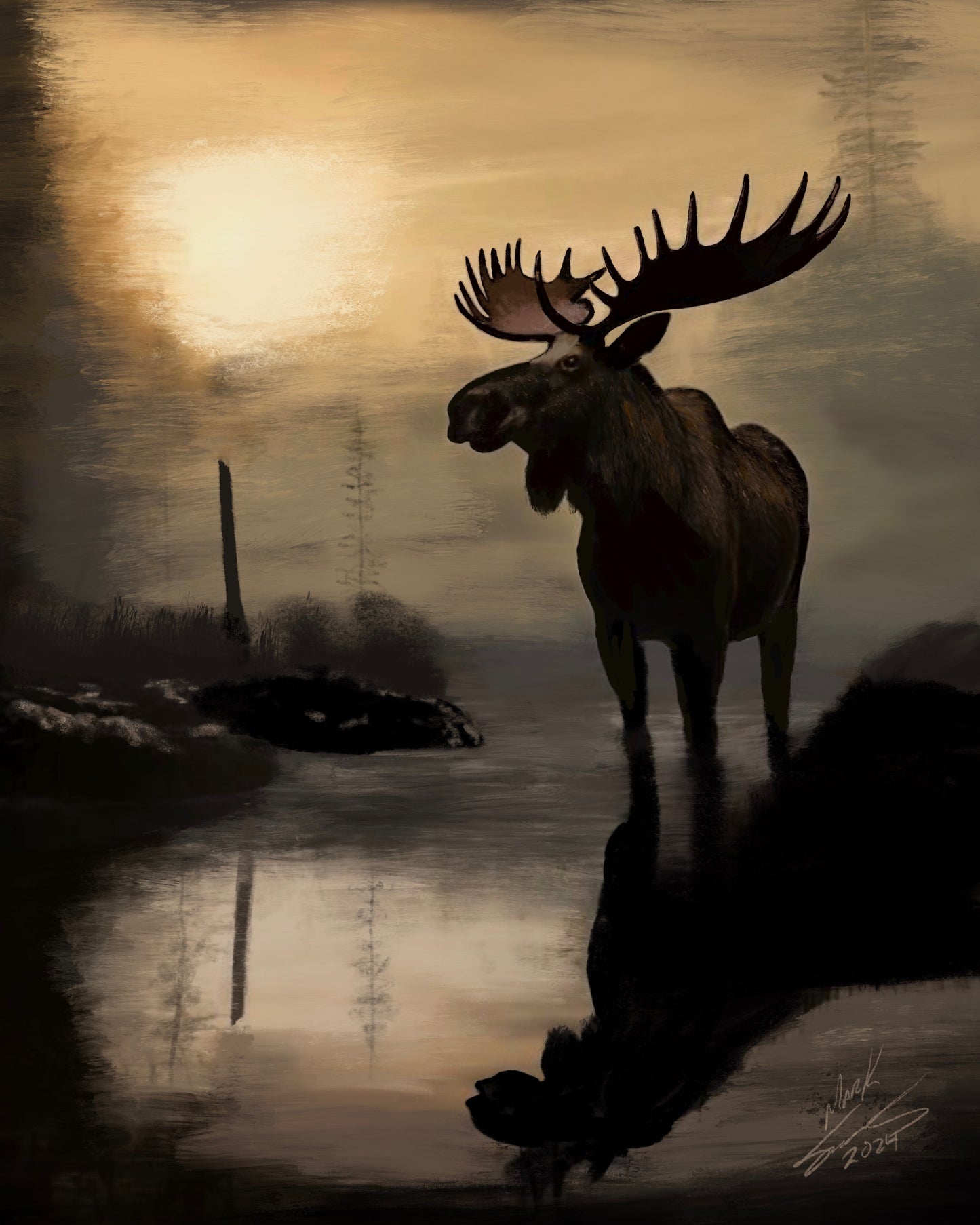 Moose Wildlife Drawing: White Charcoal Art Print or Canvas
