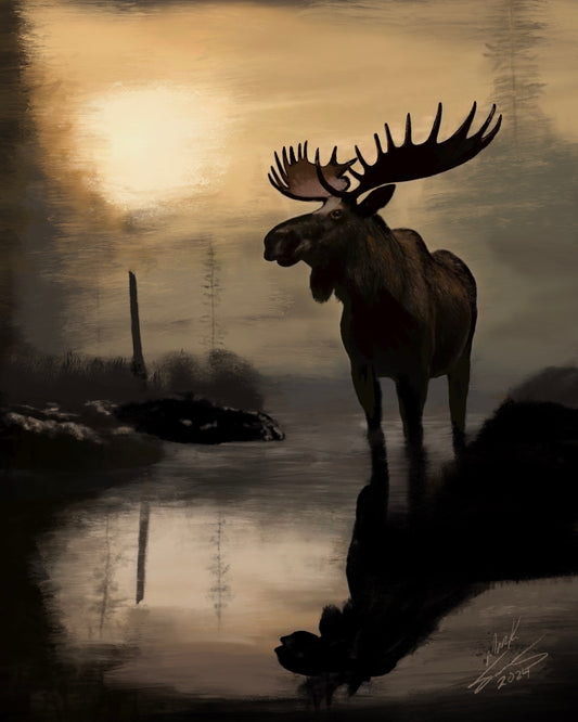 Moose Wildlife Drawing: White Charcoal Art Print or Canvas