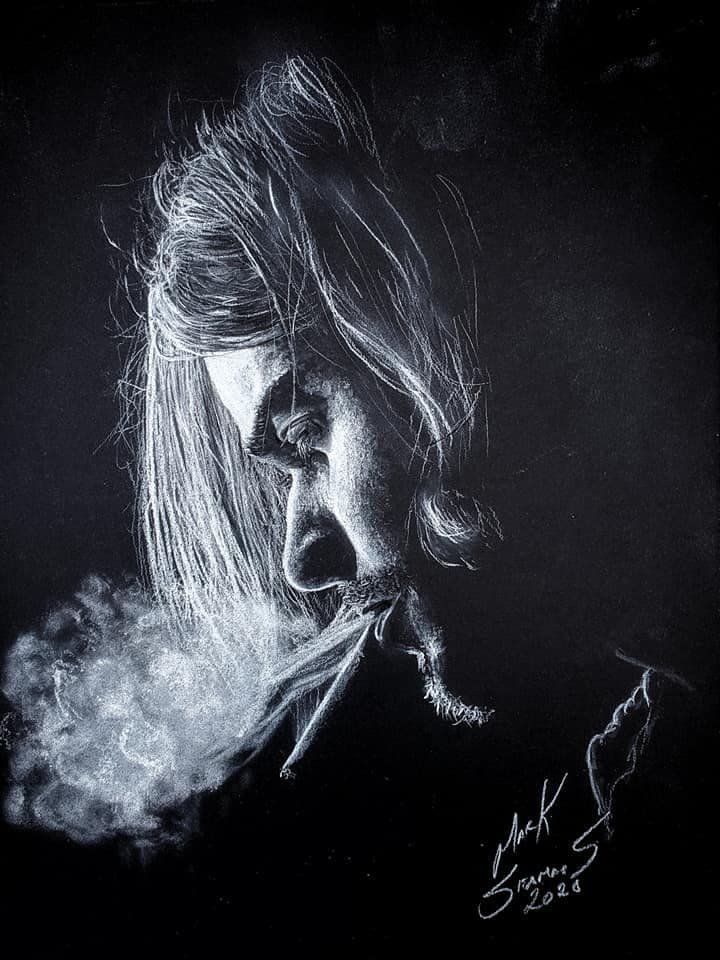 Kurt Cobain white charcoal on black paper