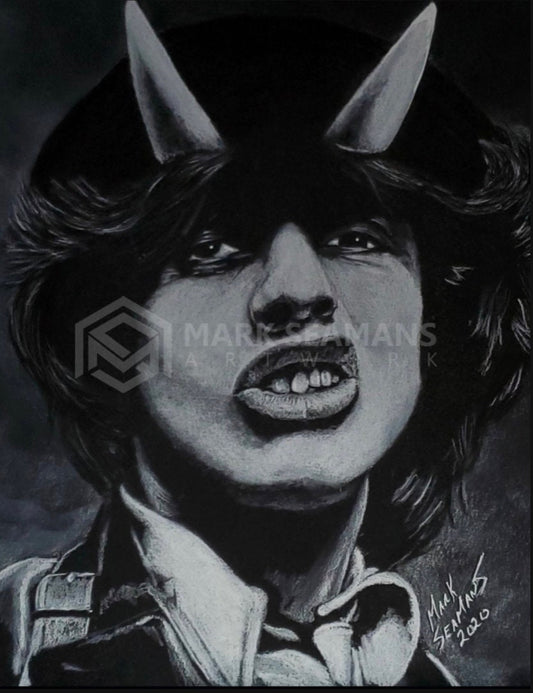 Angus Young in White Charcoal on black paper