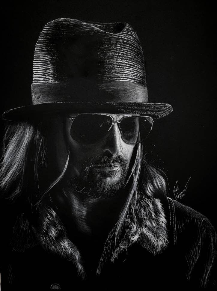 Kid Rock in white charcoal on black paper